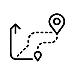 Roadmap Icon with Location Pins and Curved Path Arrow – Black Line Art Symbol Representing Journey, Navigation Route, Travel Direction, or Strategic Planning Concept