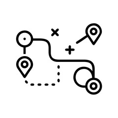 Roadmap Icon with Location Pins and Curved Path Arrow – Black Line Art Symbol Representing Journey, Navigation Route, Travel Direction, or Strategic Planning Concept