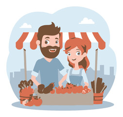 Cheerful Market Vendors with Fresh Produce in a Colorful Cartoon Style