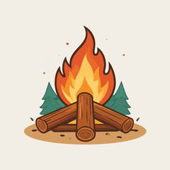 Illustration of a brightly burning campfire with stacked wooden logs and evergreen trees in the background, evoking a feeling of warmth and outdoor adventure.