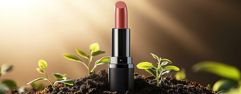 Lipstick placed on soil with green sprouts.