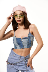 Stylish young woman showcasing vibrant fashion choices with confident flair