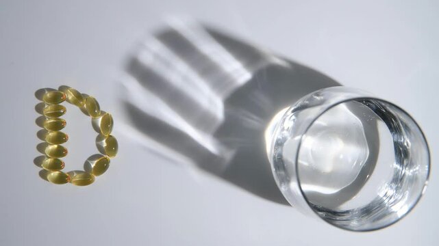 Vitamin d capsules arranged in the shape of the letter d on a white wooden table next to a glass of water, representing the importance of this vitamin for health and well-being
