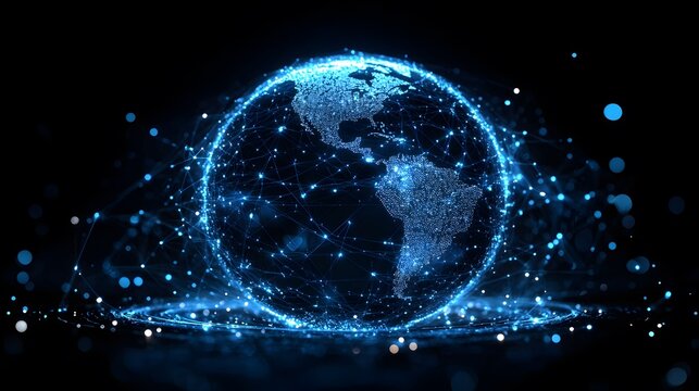 A futuristic digital rendering of a globe illuminated by interconnected points symbolizing global communication