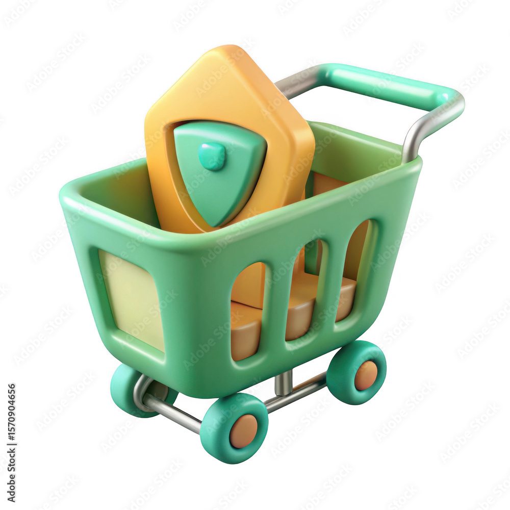 Poster 3d shopping cart with security shield isolated on transparent background