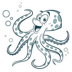 Cheerful cartoon octopus with spots swims amidst bubbles, spreading joy beneath the sea