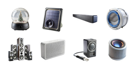 A diverse collection of audio speakers and sound equipment isolated on transparent background