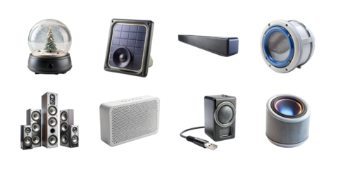 A diverse collection of audio speakers and sound equipment isolated on transparent background
