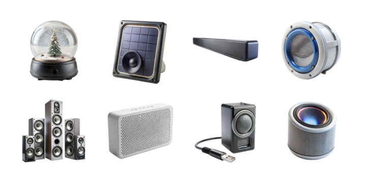 A diverse collection of audio speakers and sound equipment isolated on transparent background