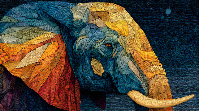 Detailed abstract portrait of an elephant featuring colorful cosmic textures and subtle starry background - Powered by Adobe