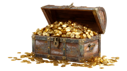 Treasure chest overflowing with gold coins, isolated on transparent background