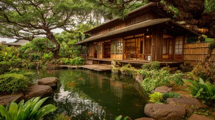 Fototapeta premium An artistic shot of a Japanese-style home with a wooden exterior and bamboo fencing, surrounded by lush greenery and a tranquil koi pond.