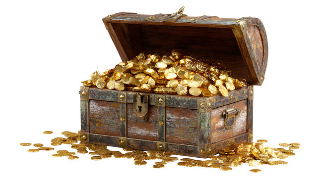 Treasure chest overflowing with gold coins, isolated on transparent background