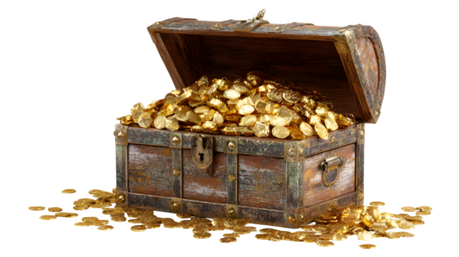 Treasure chest overflowing with gold coins, isolated on transparent background