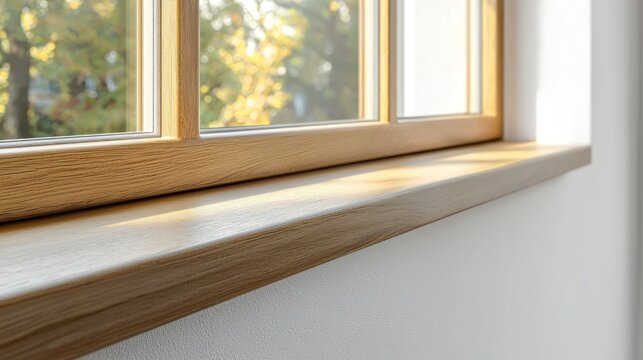 Fototapeta Light on window. Wood frame, outside trees blur. Crisp