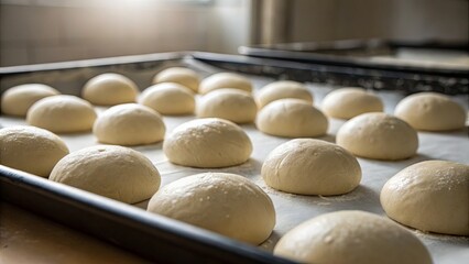 Rows of raw yeast dough balls proofing on a parchment-lined baking tray in a professional kitchen.