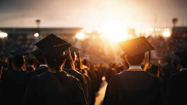 Graduates at Commencement: A sea of students in gowns and caps, facing the future with hope during the outdoor ceremony on a bright sunny day.