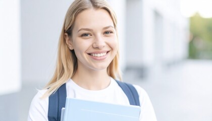  pretty happy blonde girl university or college student holding notebooks looking at camera standing outside campus