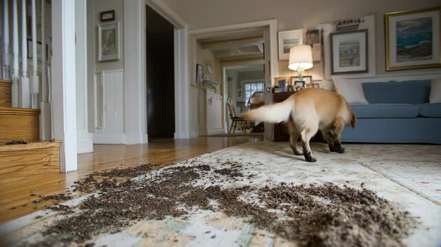 Muddy Pup: A light-coated dog stands amidst a trail of dirt tracked onto a rug, with a staircase and interior decor visible in the background, and looking guilty.