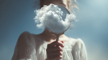 A woman holds a mirror with a cloud emerging, showing a dreamlike and surreal escape into imagination. 