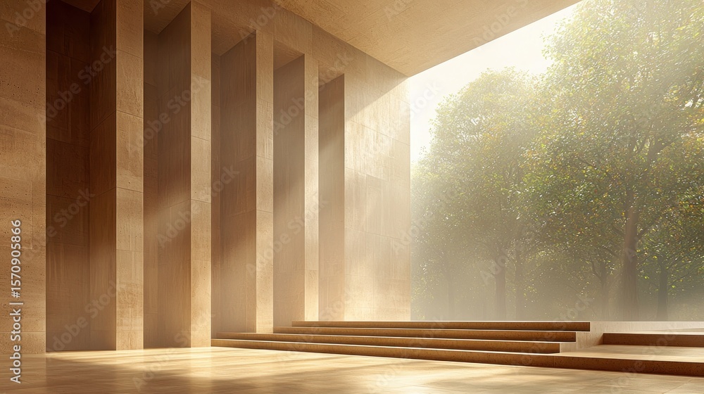 Poster light streams into room. trees visible through open wall