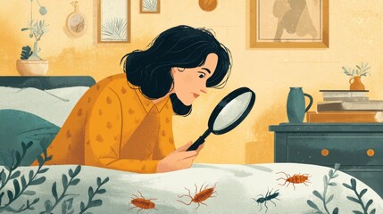 A woman uses a magnifying glass to find and inspect bed bugs crawling in her bedroom.