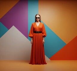 "Elegant Woman in Orange Gown Against Geometric Backdrop"