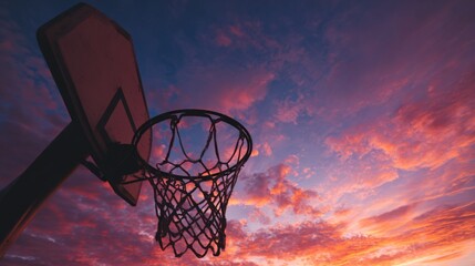 An artistic view of a basketball hoop silhouetted against a stunning sunset, with vibrant colors blending in the sky and the net gently swaying
