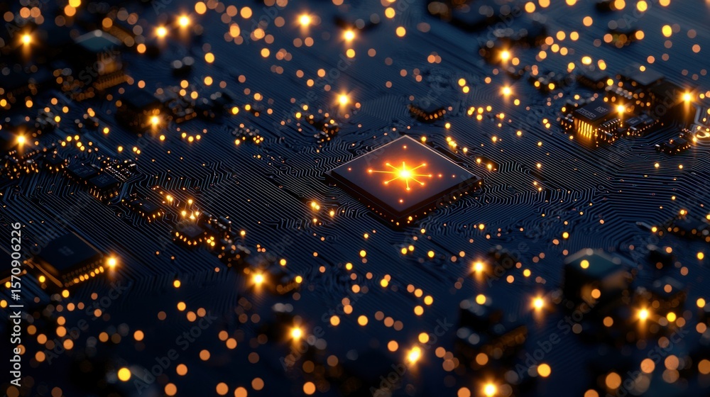 Poster lit circuit board with components and bright orange dots