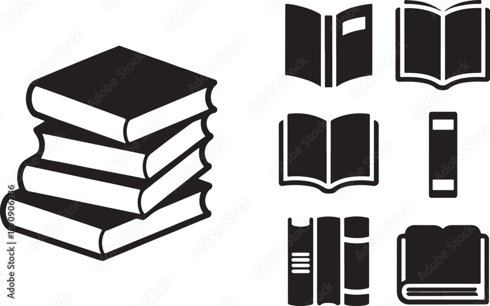 Poster collection of book icons for educational resources depicting different book styles and stacks in bla