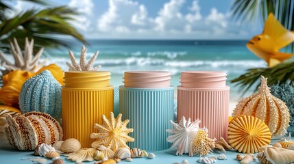 Colorful beachy containers on a sandy shore with ocean view