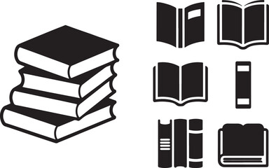 Collection of Book Icons for Educational Resources Depicting Different Book Styles and Stacks in Black and White