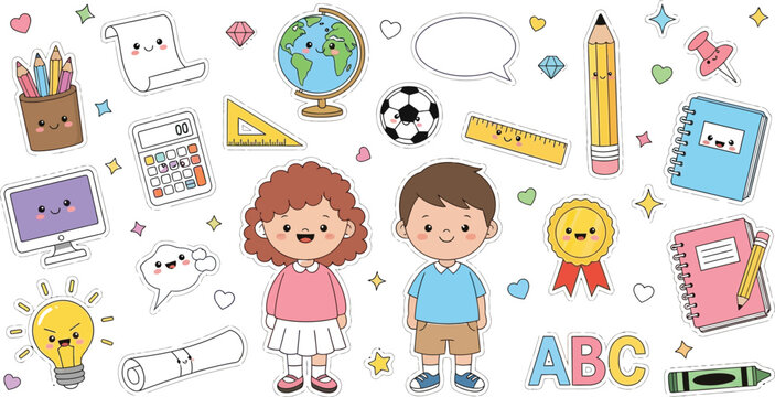 Back to school kawaii sticker set with cute kids and school supplies for education and learning design