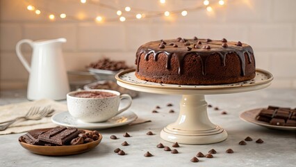 A delicious chocolate cake on a pedestal with a cup of hot cocoa and chocolate pieces in a cozy setting.