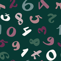 Scattered Handwritten Numbers Seamless Pattern in Cool Tones on Deep Green for Relaxing Textiles