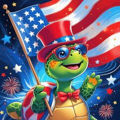 Fototapeta premium Patriotic Turtle Celebrating 4th of July with American Flag