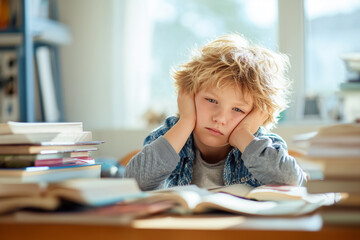 little boy studying, looking bored and tired