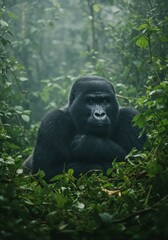 Naklejka premium Majestic Mountain Gorilla in Lush Rainforest Habitat