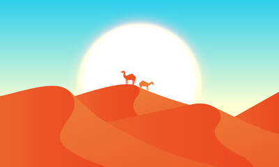 Flat vector illustration of camels walking over desert dunes at sunrise or sunset. Peaceful desertscape with bright sun and orange sand hills, ideal for travel or nature themes.