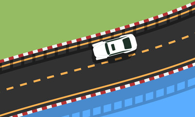 Flat vector top view of a white car driving on a bridge over a blue river. Curved road, urban infrastructure and vehicle motion concept.