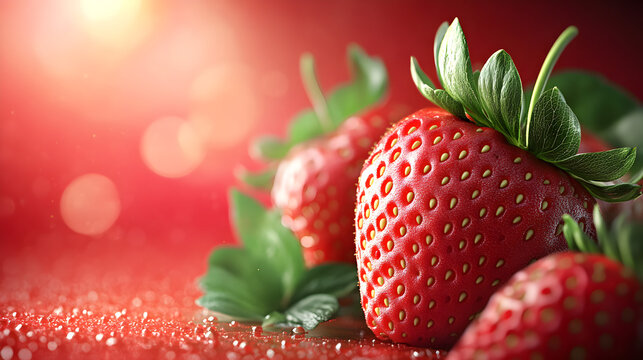 Close up of fresh ripe strawberries on red background with green leaves and bokeh effect showing vibrant red and beautiful texture. - Powered by Adobe