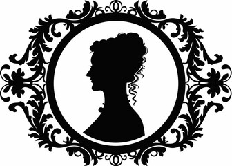 Vintage Silhouette of a Woman in Profile Enclosed in an Ornate Baroque Frame, Reflecting the Artistic Sophistication, Feminine Poise, and Historical Charm of 18th-Century Cameo Aesthetics