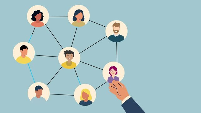 Businessman Building A Team Network and Human Resources Formation. Concept Flat design Animation. Man holding a profile avatar and inserting it into a teamwork network connected by lines.businessman