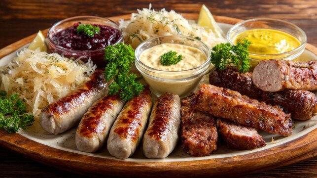 An inviting shot of a sausage platter served with sauerkraut and mustard, beautifully arranged on a wooden table, perfect for a hearty German-style meal