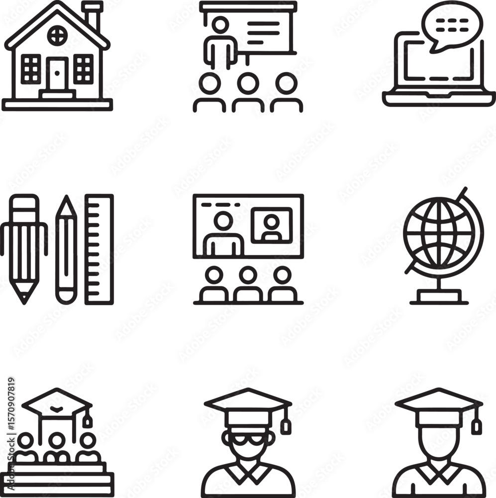 Poster educational icons depicting learning methods and environments black and white outline style symbolic