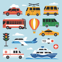 Colorful Flat Icons of Various Transportation Modes
