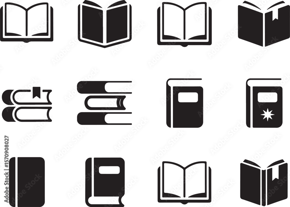 Poster a collection of black and white book icons depicting open and closed books in various styles and arr