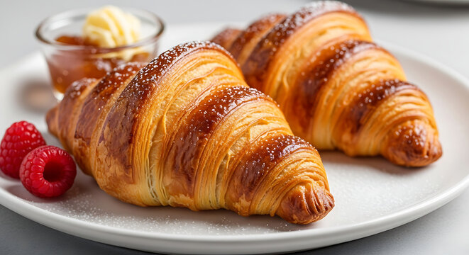 Two golden-brown croissants, served with raspberry preserves and butter, sit on a plate.