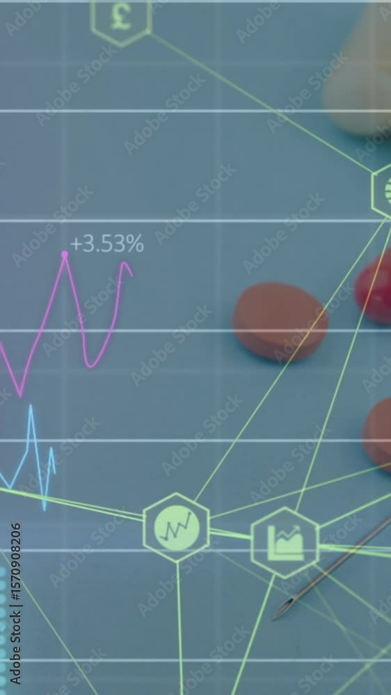Poster animation of data processing and network of connections with icons over pills and medication