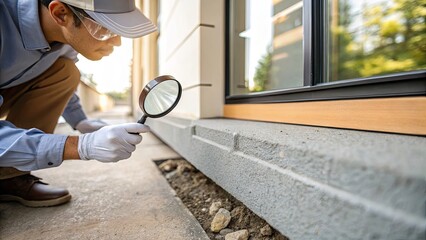 Pest Control Expert Inspects Commercial Building Foundation for Pests in Urban Environment Close-Up View